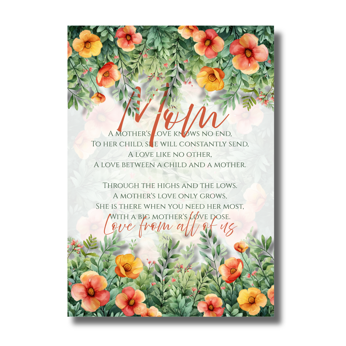 Mother’s Day Orange Flowers Poem Canva Folded Greeting Card