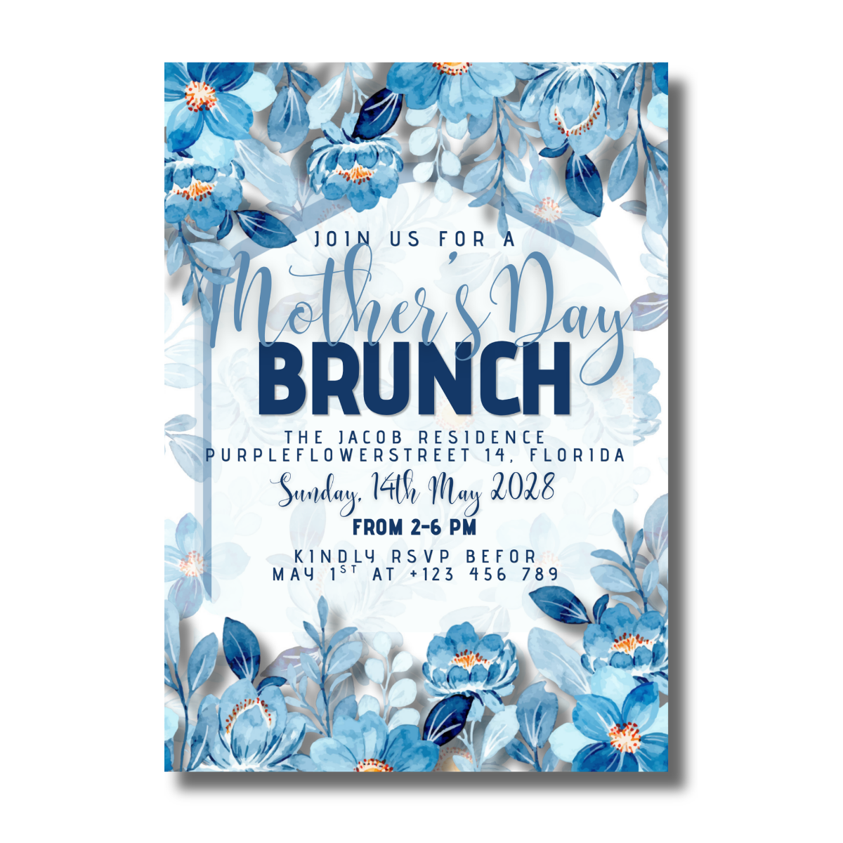 Watercolor Blue Flowers Mother’s Day Brunch Canva Invitation