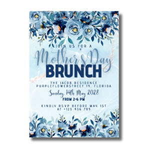 Watercolor Dark Blue Flowers Mother’s Day Brunch Event Canva Invitation