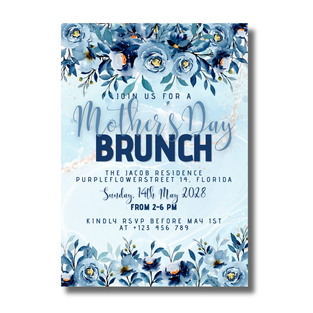 Watercolor Dark Blue Flowers Mother’s Day Brunch Event Canva Invitation