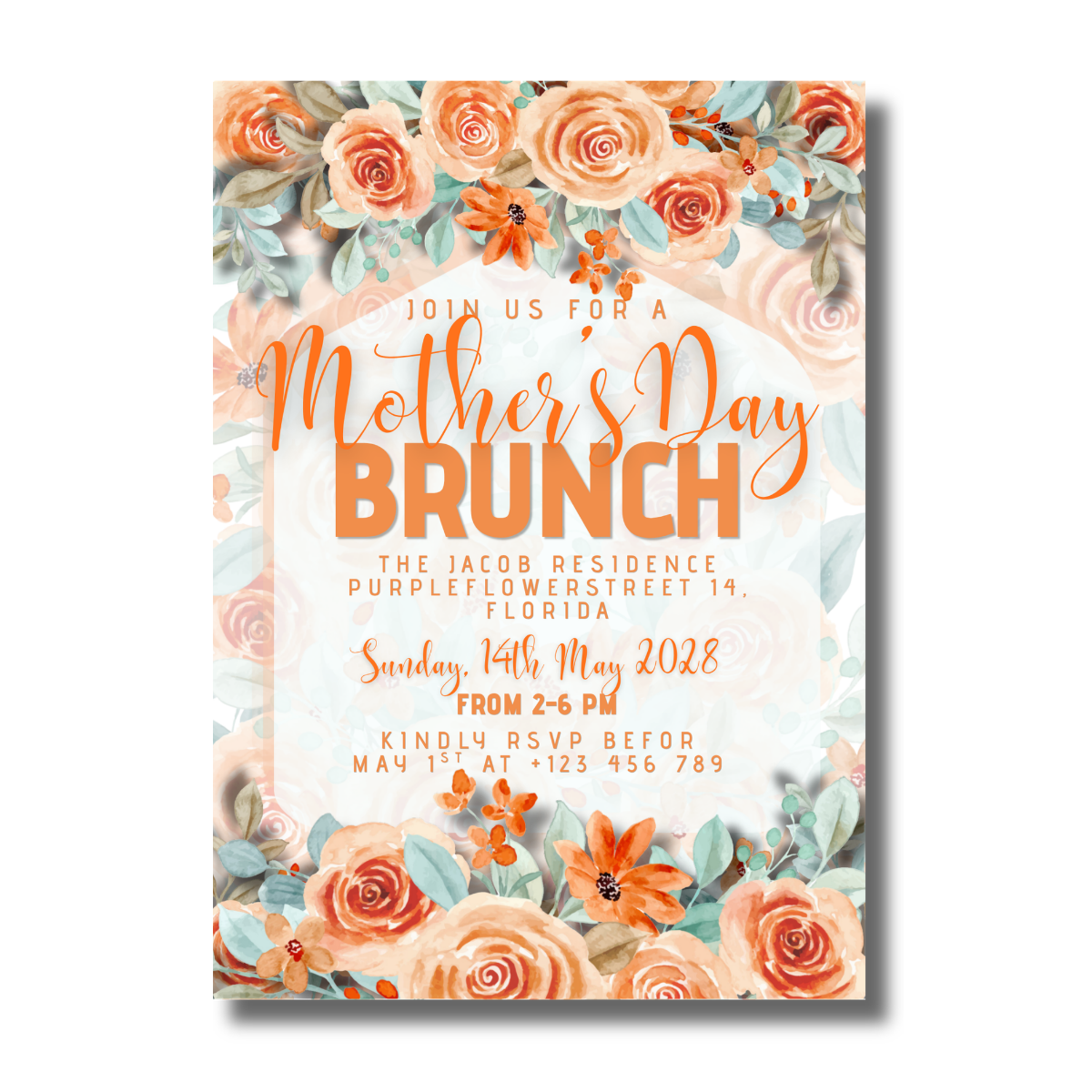 Watercolor Orange Flowers Mother’s Day Brunch Event Canva Invitation