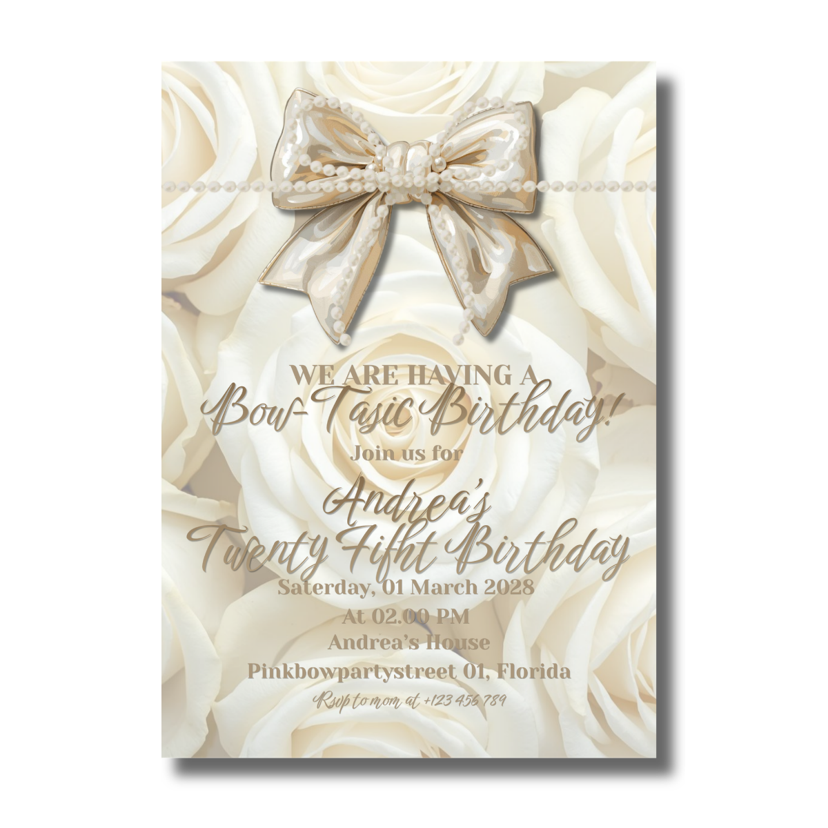 Bow-tastic White Flower Pearl Bow Birthday Partyy Canva Invitation