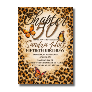 Lepard Animal Print with Monarch Butterflies Chapter Fifty Birthday Party Canva Invitation