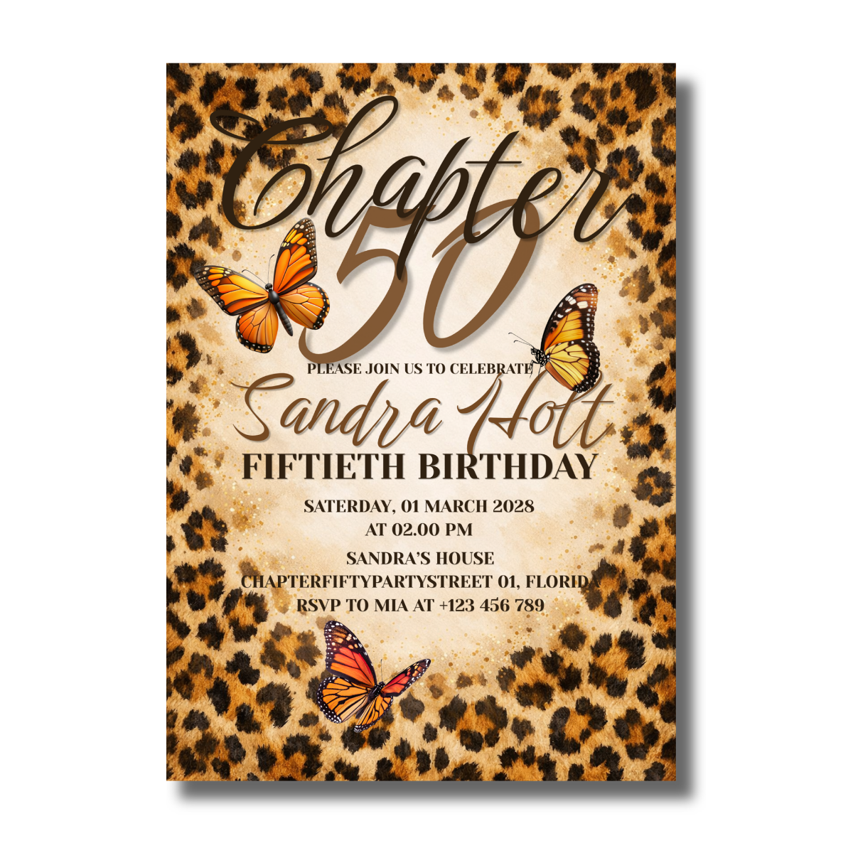 Lepard Animal Print with Monarch Butterflies Chapter Fifty Birthday Party Canva Invitation