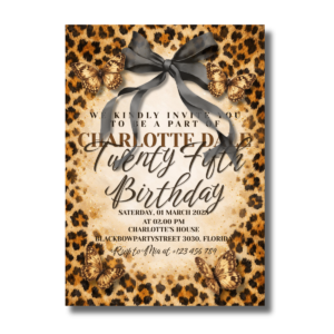 Glam Leopard Black Bow Ribbon With Butterflies Birthday Canva Invitation