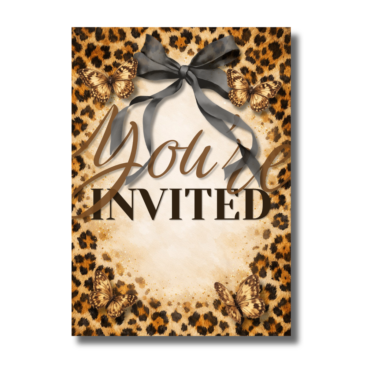 Glam Leopard Black Bow Ribbon With Butterflies Birthday Canva Invitation - Image 2