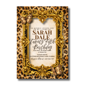 Leopard Gold Frame With Butterflies Birthday Canva Invitation