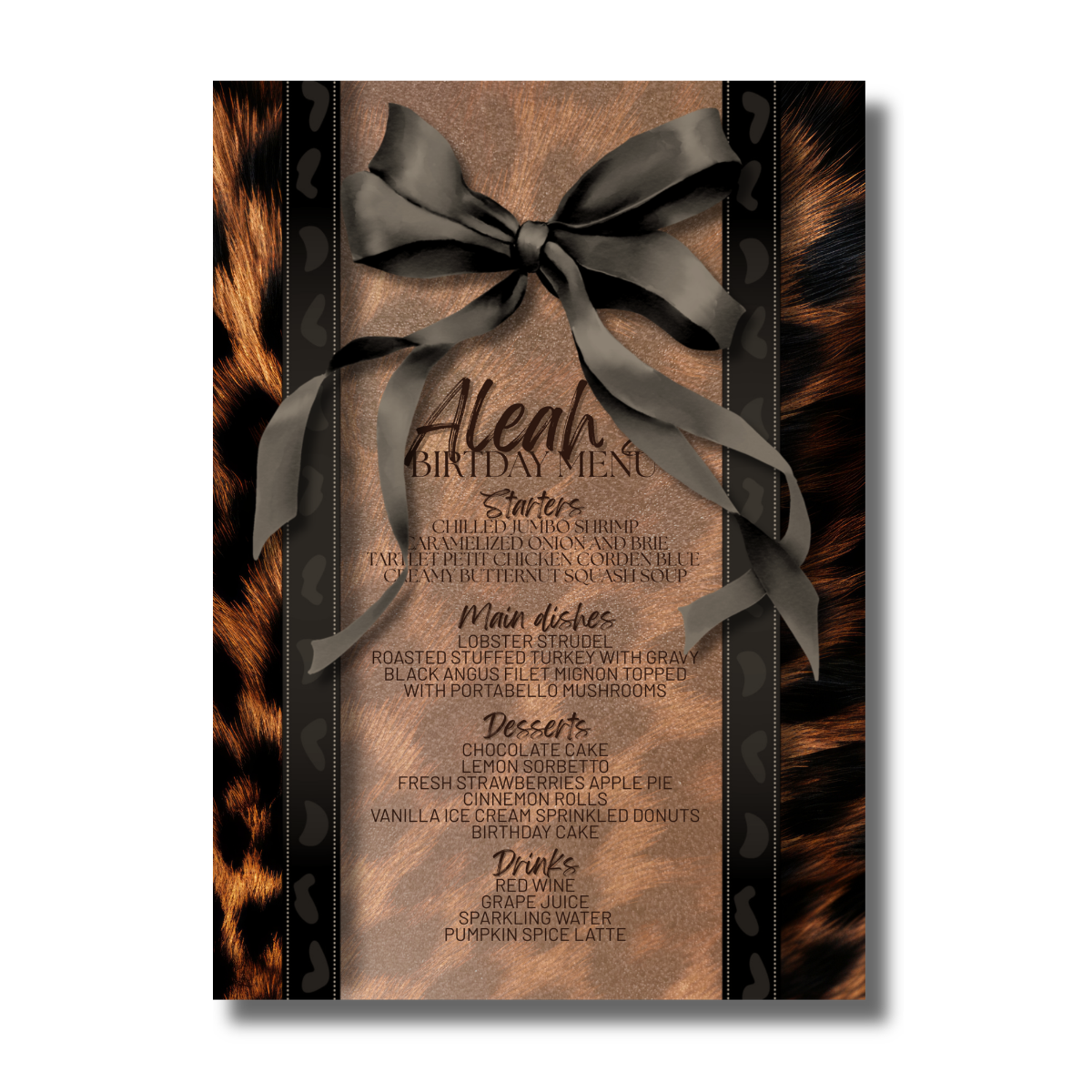 Lepard Glam Black Ribbon Bow & Brown Animal Print Birthday Canva Invitation - Image 3