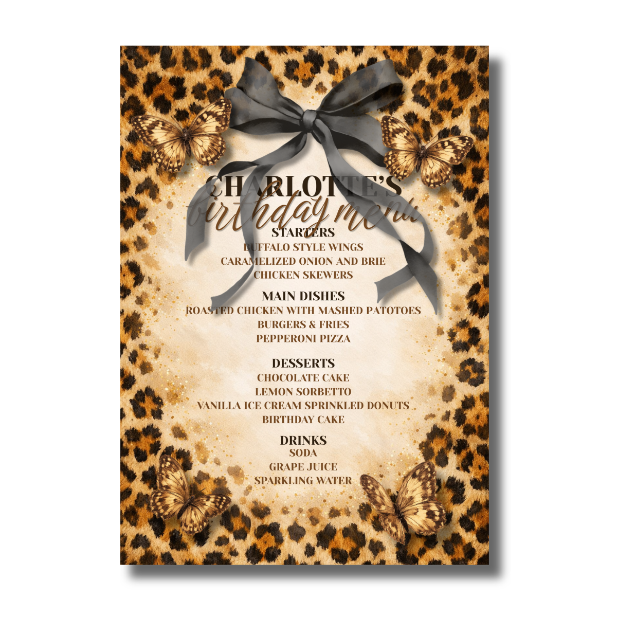 Glam Leopard Black Bow Ribbon With Butterflies Birthday Canva Invitation - Image 3