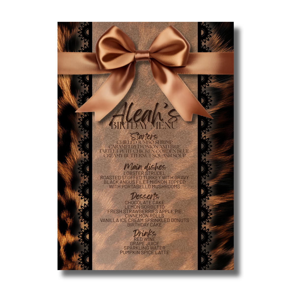 Leopard Glam Black & Brown Bow Animal Print Birthday Canva Invitation - Image 3
