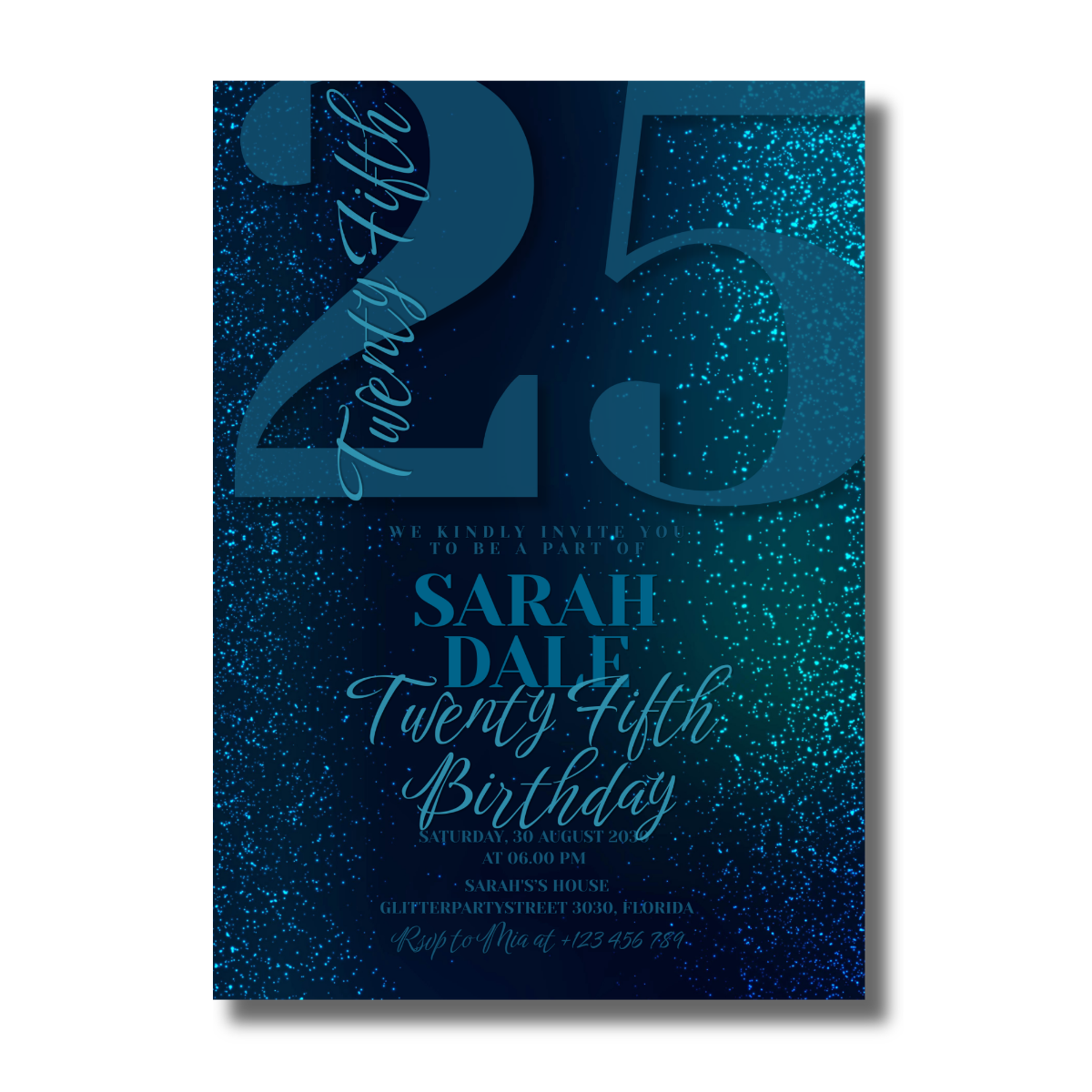 Twenty Fifth Dark Blue Shimmer Glitter Birthday Canva Invitation