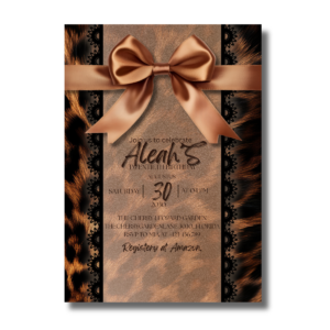 Leopard Glam Black & Brown Bow Animal Print Birthday Canva Invitation