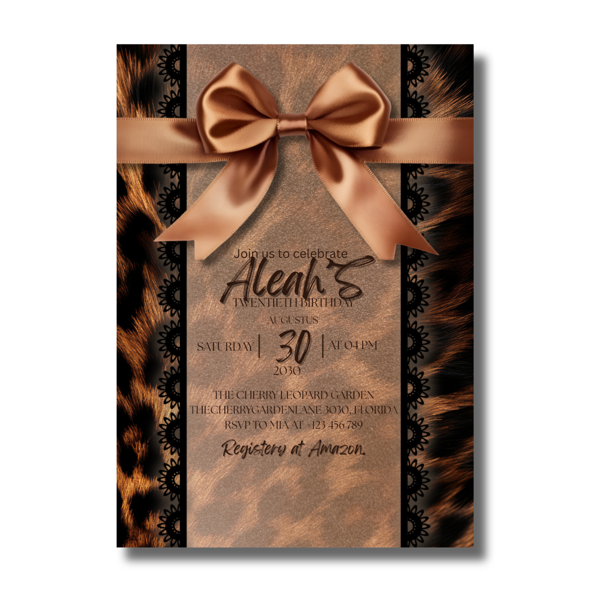 Leopard Glam Black & Brown Bow Animal Print Birthday Canva Invitation