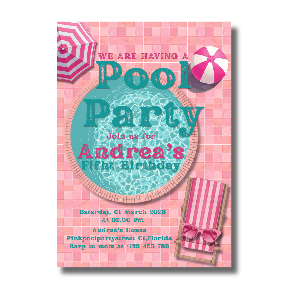 Pink Pool Birthday Party Canva Invitation
