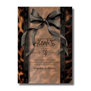 Lepard Glam Black Ribbon Bow & Brown Animal Print Birthday Canva Invitation