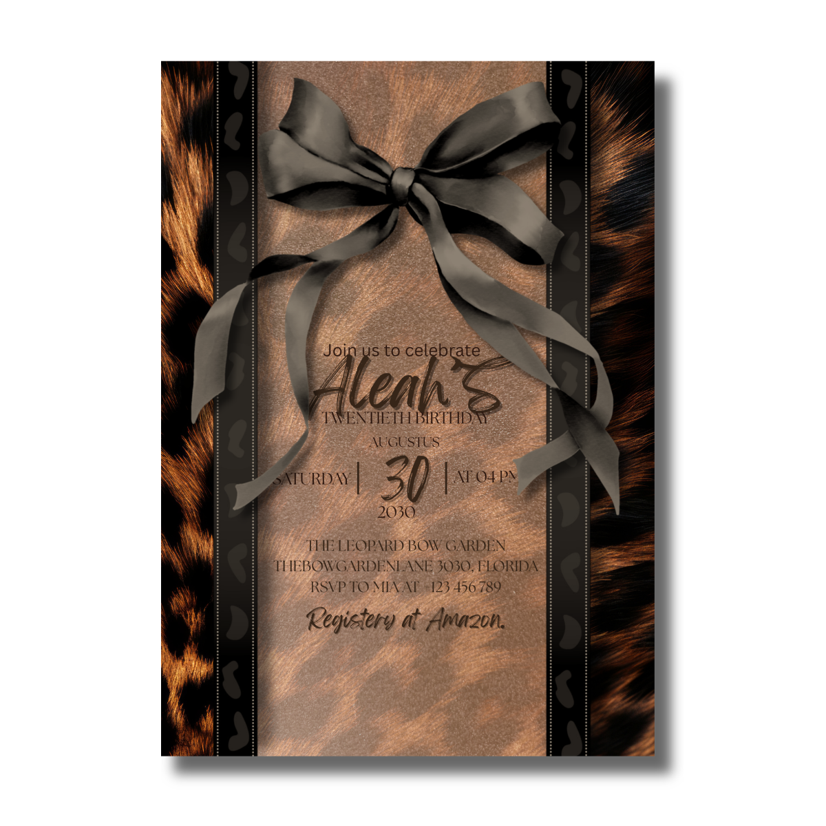 Lepard Glam Black Ribbon Bow & Brown Animal Print Birthday Canva Invitation