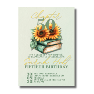 Chapter Fifty Birthday Stacked Books with Fall/Autumn Sunflowers Invitation