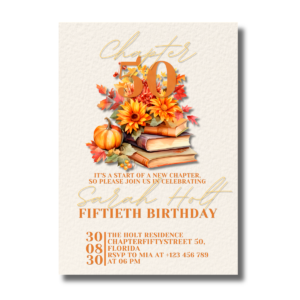 Chapter Fifty Birthday Stacked Books with Pumpkin Fall/Autumn Flowers Invitation