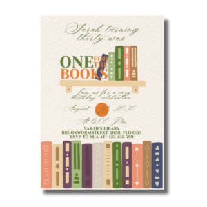 One For The Books, Watercolor Bookshelves Thirtieth Birthday Invitation