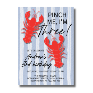 Pinch Me, I'm Three Crawfish Birthday Party Invitation