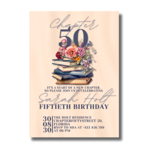 Chapter Fifty Birthday Stacked Books with Flowers Canva Invitation