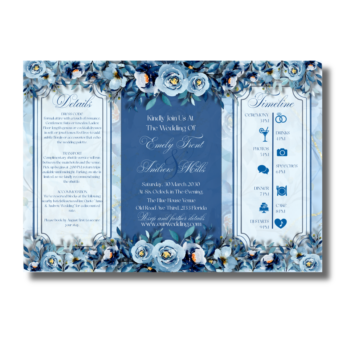 Dark Blue Watercolor Flowers Wedding Tri-Fold Canva Invitation