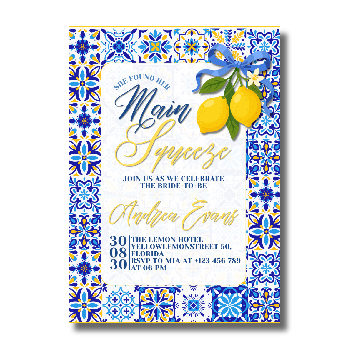 Blue and Orange Tile Mediterranean with Lemons Bridal Shower "She Found Her Main Squeeze" Invitation