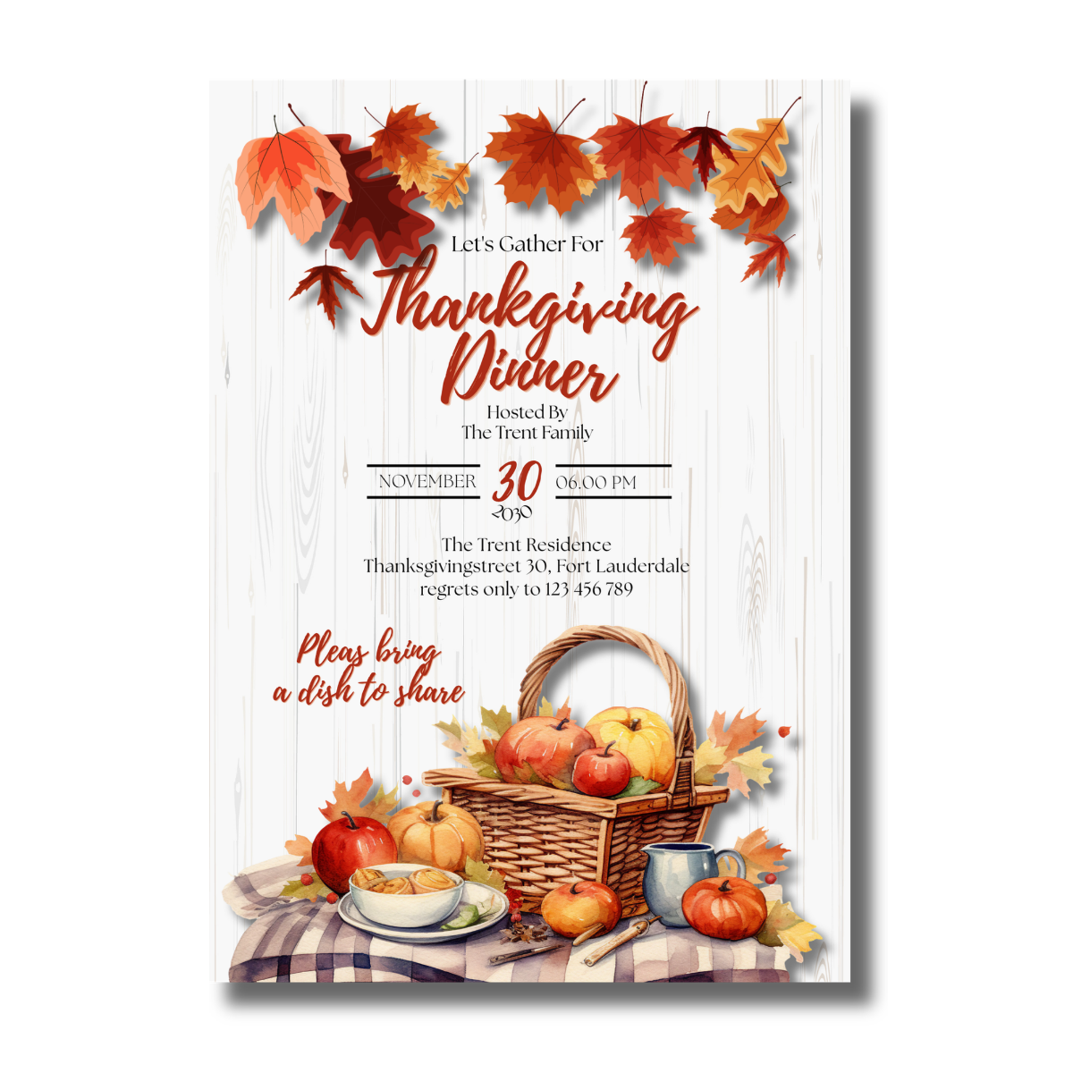 Fall/Autumn Leaves Picnic Basket Thanksgiving Dinner Invitation