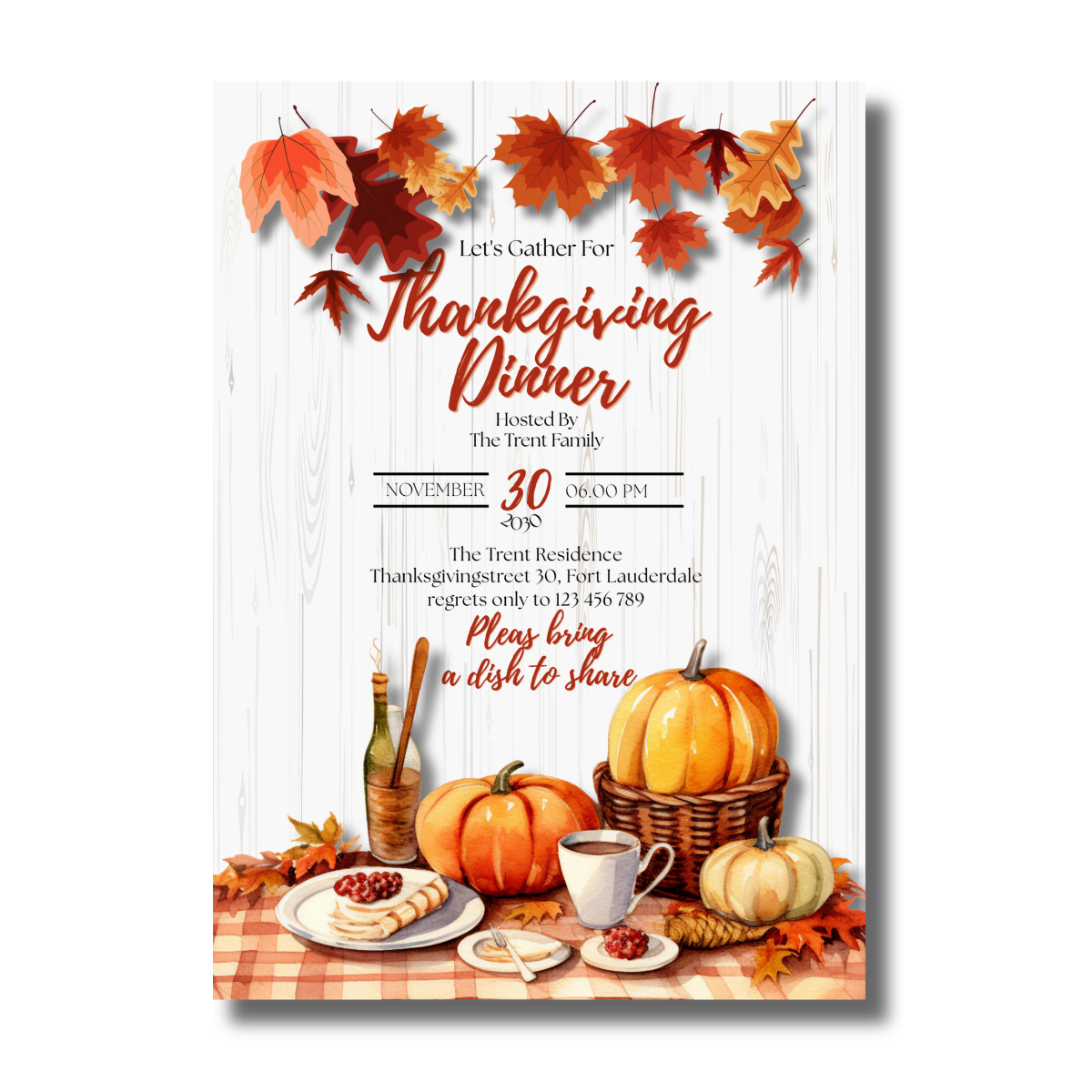 Fall/Autumn Leaves Picnic Table Thanksgiving Dinner Invitation