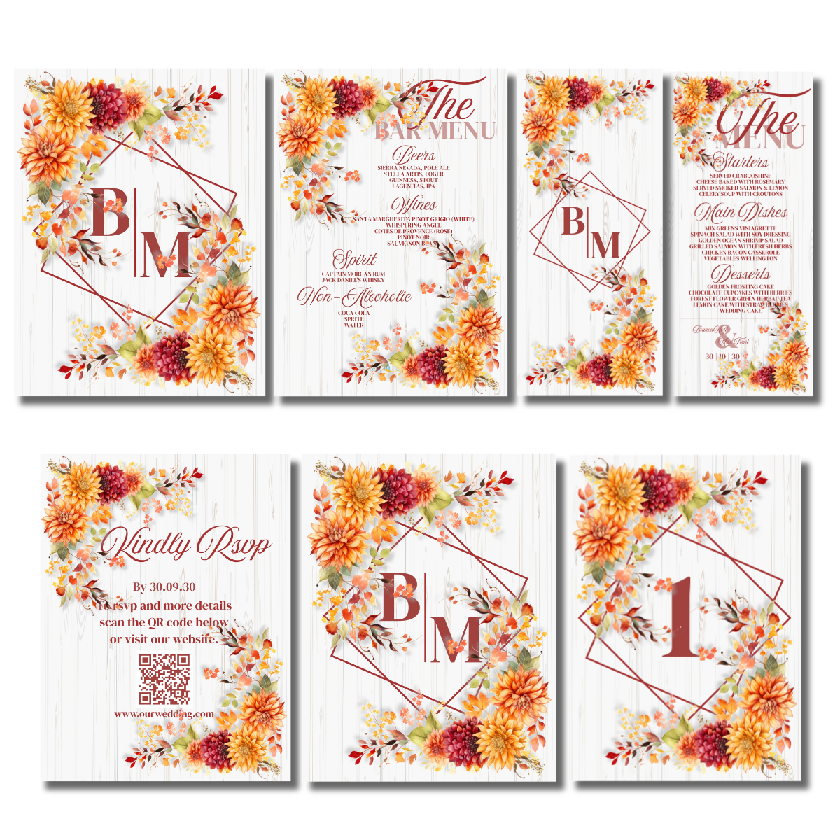 Watercolor Fall/Autumn Flowers Elegant Wedding Event Set - Image 2