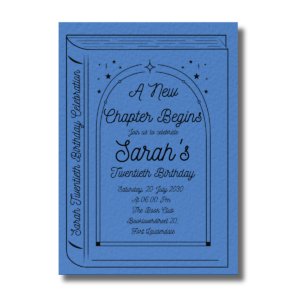 A New Chapter Begins Book Lovers Cobalt Blue Birthday Invitation