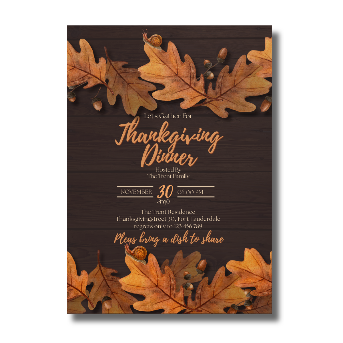 Fall/Autumn Brown Foliage Leaves Thanksgiving Dinner Invitation