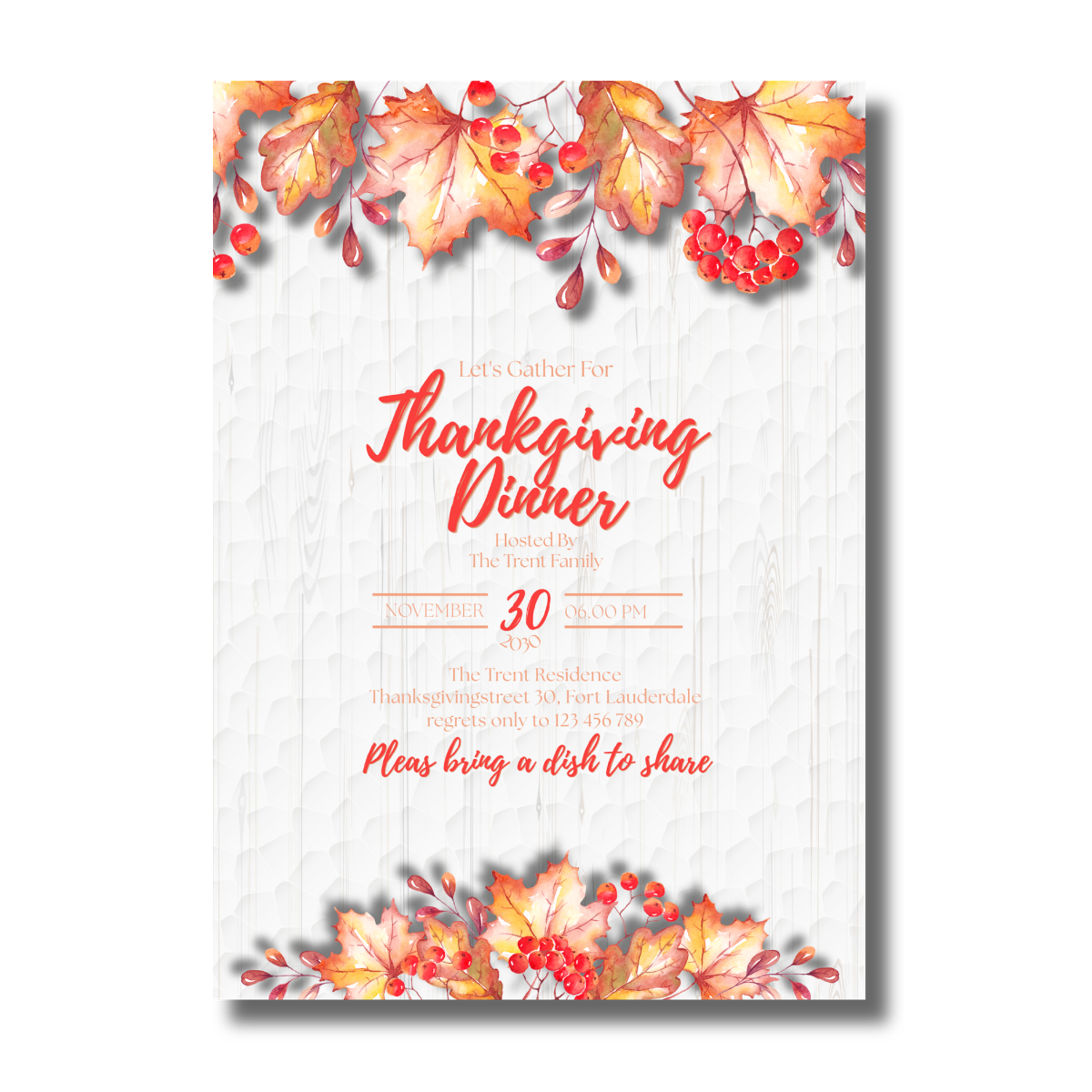 Fall/Autumn Orange Leaves Thanksgiving Dinner Invitation