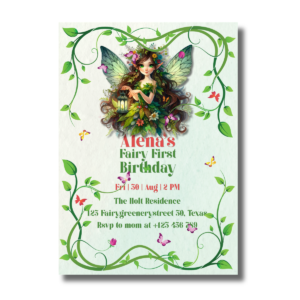 A Fairy First Greenery Leaves Birthday Party Invitation