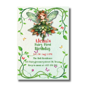 A Forest Fairy First Greenery Leaves Birthday Party Invitation