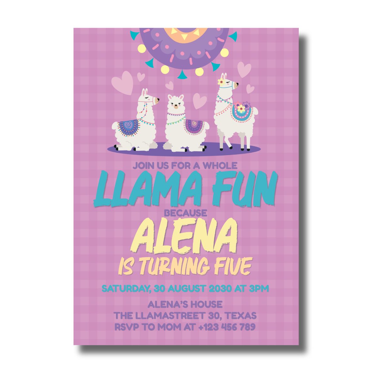 Whole Llama Fun Fifth Purple Birthday Invitation
