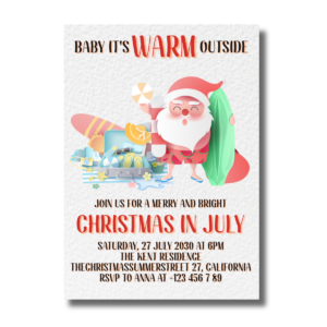 It's Warm Outside Baby Surfing Santa Christmas In July Party Invitation