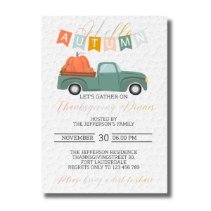Hello Autumn Pumpkin Green Truck Fall Thanksgiving Dinner Invitation