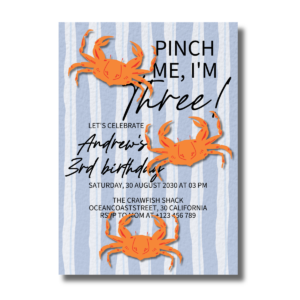 Pinch Me, I'm Three Ocean Crab Themed Birthday Invitation