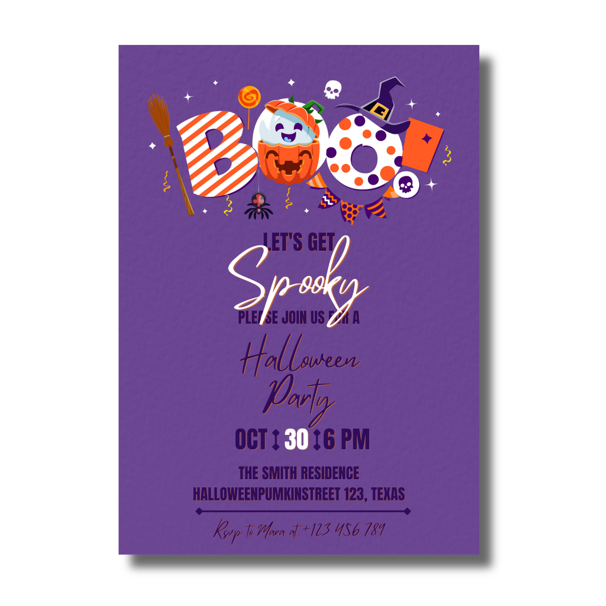 Boo Let's Get Spooky Purple Halloween Party Invitation