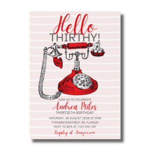 Red Retro Phone With Flower Hello Soft Pink Thirtieth Birthday Invitation