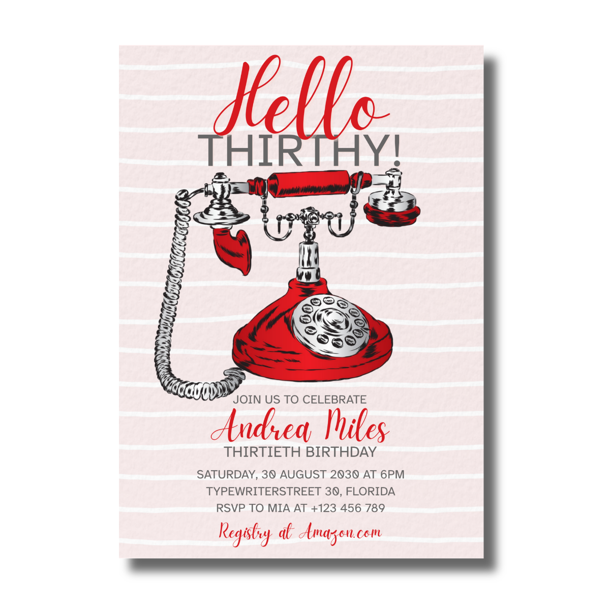 Red Retro Phone With Flower Hello Soft Pink Thirtieth Birthday Invitation