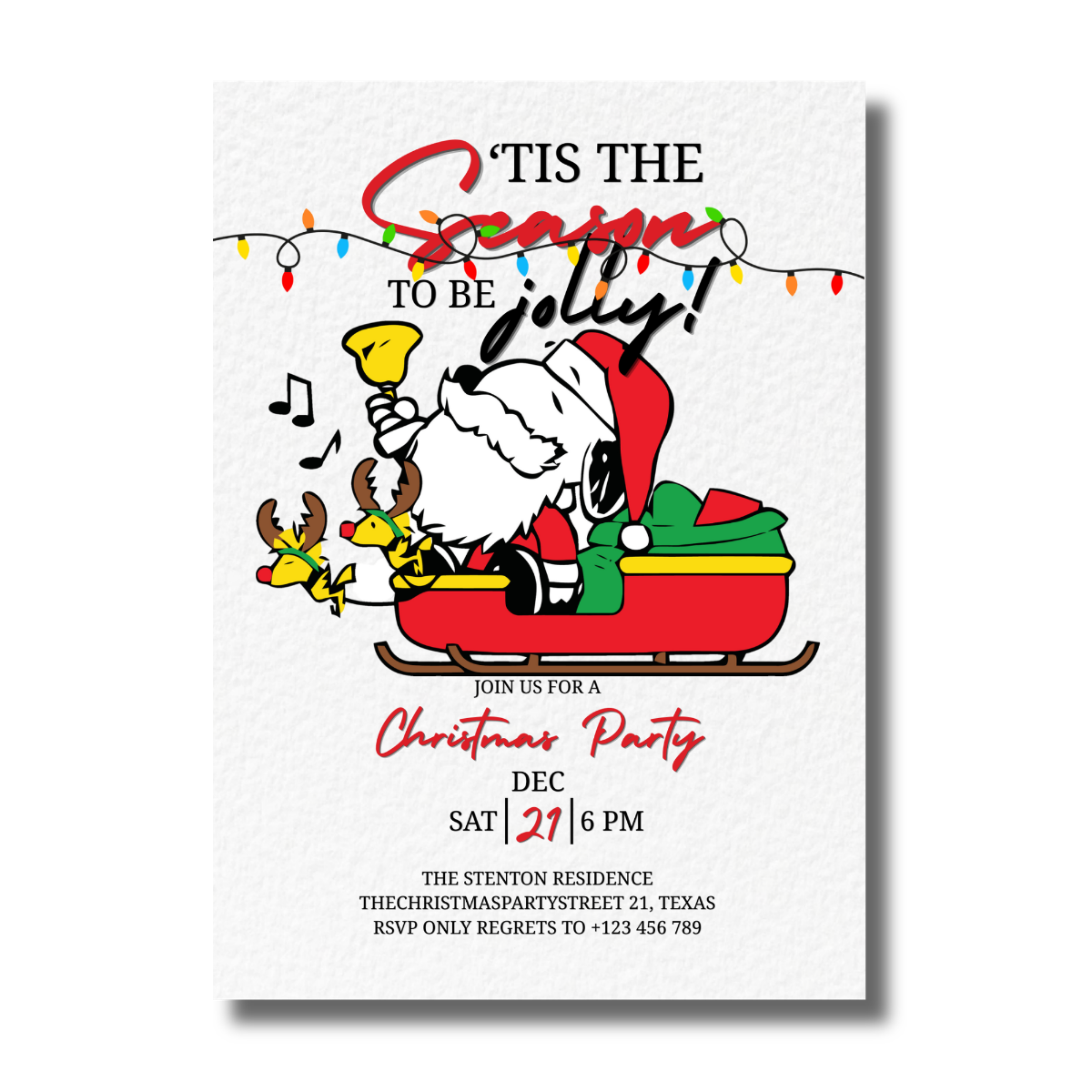 Snoopy Dog On A Sleigh Christmas Party Invitation