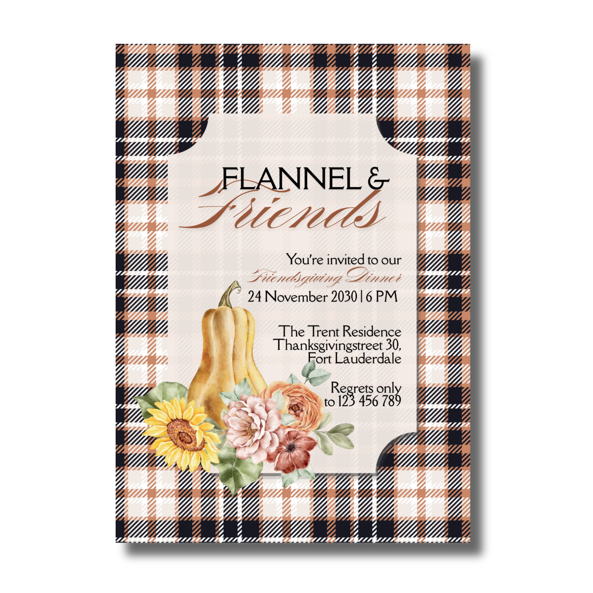 Flannel & Friends Fall/Autumn Pumpkin Flower Friendsgiving Dinner Invitation