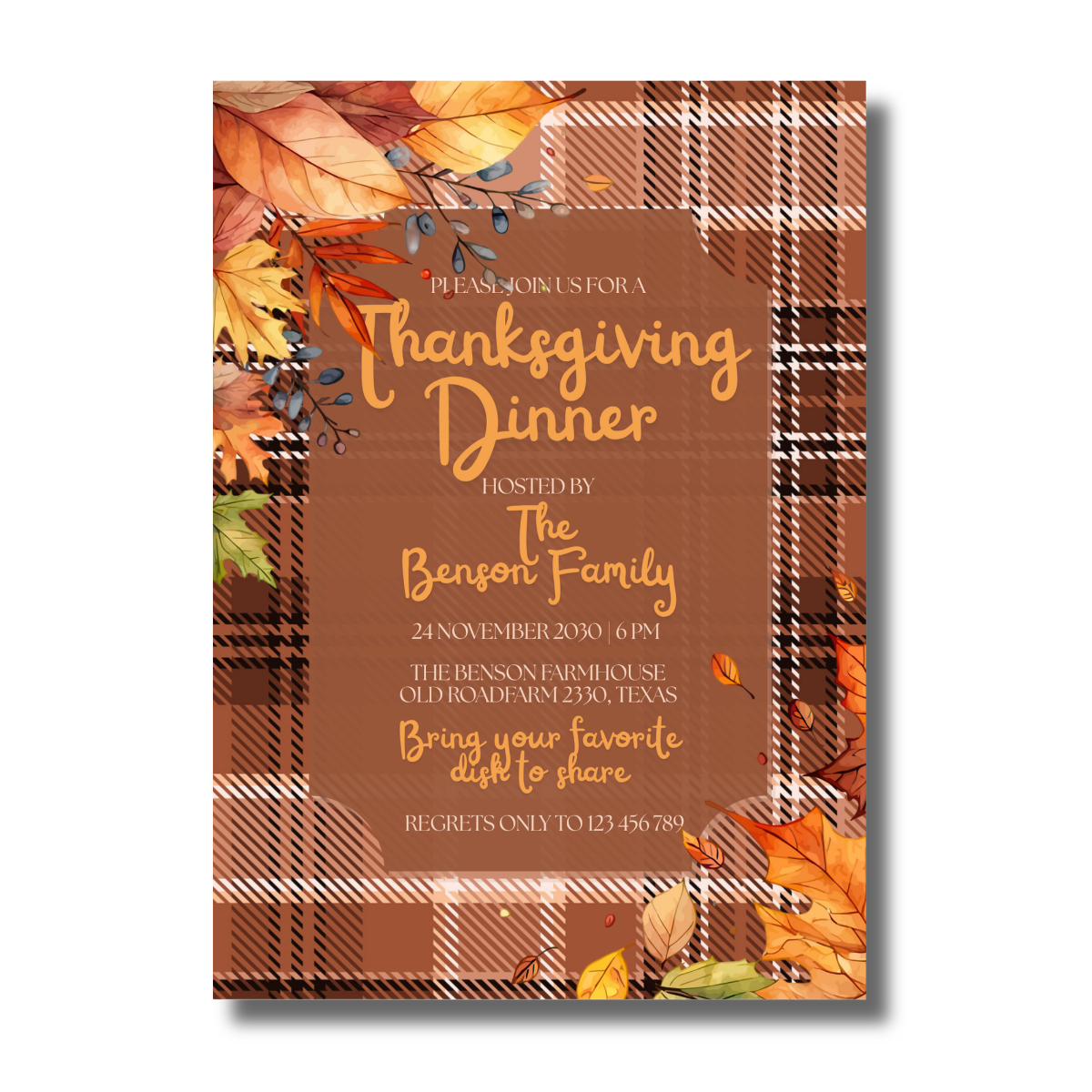 Thanksgiving Dinner Flannel Plaid Fall/Autumn Leaves Invitation
